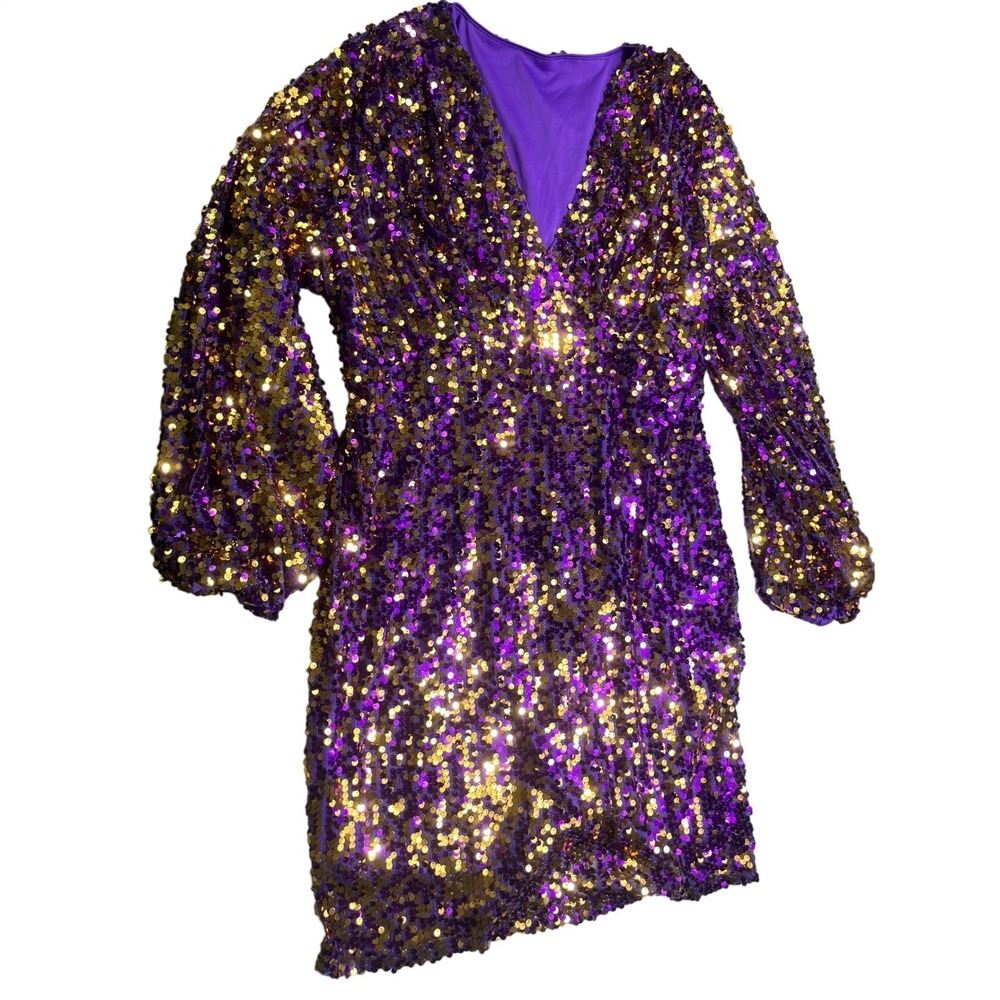 Womens 1XL Purple Gold Sequin Bodysuit Mini Dress Long Sleeve Party Mardi Gras